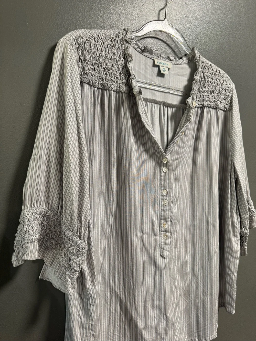 Sundance Light Grayish Blue Pinstripe Smocked Yoke Button-Front Blouse M - Picture 2 of 6
